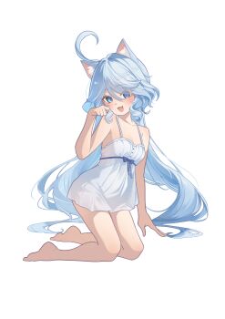 Rule 34 | 1girl, absurdres, ahoge, animal ears, bare shoulders, barefoot, blue hair, breasts, cat ears, cat girl, chemise, commentary request, fang, full body, furina (genshin impact), genshin impact, highres, kemonomimi mode, kneeling, long hair, looking at viewer, low twintails, mafuyu (mistletoeouo), paw pose, simple background, twintails, very long hair, white background, white chemise