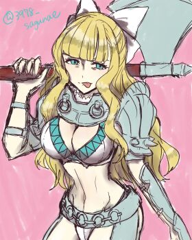 1girl :p akagamikun armor axe battle_axe bikini_armor blonde_hair blue_eyes bow breasts charlotte_(fire_emblem) cleavage fire_emblem fire_emblem_fates hair_bow highres holding holding_axe large_breasts long_hair nintendo panties pauldrons shoulder_armor tongue tongue_out underwear wavy_hair weapon white_bow white_panties
