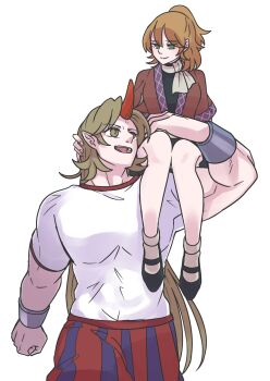 Rule 34 | blonde hair, clenched hand, commentary request, danna (dng satou), green hair, hand on another's head, highres, horns, hoshiguma yuugi, long hair, looking at another, looking down, looking up, mizuhashi parsee, muscular, muscular female, pointy ears, ponytail, shirt, simple background, single horn, sitting on shoulder, slit pupils, smile, touhou, white background, white shirt, yellow eyes, yuri