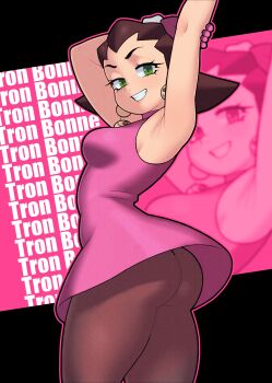 1girl absurdres armpits arms_up ass brown_hair champchidi character_name dress earrings gloves green_eyes grin highres jewelry looking_at_viewer medium_hair mega_man_(series) mega_man_legends_(series) pantyhose pink_dress pink_gloves skull_brooch skull_earrings sleeveless sleeveless_dress smile stretching thighs tron_bonne_(mega_man) zoom_layer