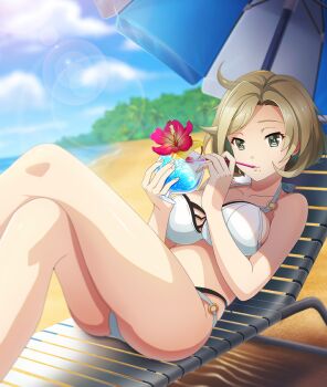 1girl beach beach_umbrella bikini black_bikini blonde_hair blue_sky breasts chair cleavage cloud collarbone crossed_legs cup day drinking_glass drinking_straw drinking_straw_in_mouth dutch_angle feet_out_of_frame flower flower_in_drink food fruit game_cg green_eyes halterneck hibiscus holding holding_cup large_breasts layered_bikini lemon lemon_slice lens_flare looking_at_viewer lounge_chair mole mole_under_mouth o-ring o-ring_bikini ocean official_art on_chair outdoors palm_tree parted_lips pink_flower puckered_lips reclining short_hair sky smile solo swimsuit tanaka_taeko third-party_source toji_no_miko toji_no_miko:_kizamishi_issen_no_tomoshibi tree umbrella under_umbrella white_bikini