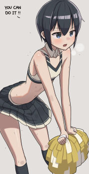 1girl absurdres akts625 androgynous bare_shoulders black_hair black_skirt black_socks black_trim blue_eyes blurry blush bokeh cheering cheerleader collarbone commentary crop_top cropped_shirt depth_of_field detached_collar english_text feet_out_of_frame flat_chest grey_background hair_between_eyes highres holding holding_pom_poms kino_(kino_no_tabi) kino_no_tabi kneehighs leaning_forward looking_afar looking_ahead midriff navel open_mouth petite pleated_skirt pom_pom_(cheerleading) pom_poms romaji_commentary shiny_skin shirt short_hair skirt sleeveless sleeveless_shirt socks solo sweat v-shaped_eyebrows white_shirt white_trim