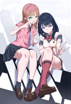 Rule 34 | 2girls, absurdres, bare legs, blue eyes, breasts, crossed legs, green eyes, gridman universe, gridman universe (movie), highres, kuzia (atarayo), long hair, looking at viewer, medium breasts, minami yume, multicolored eyes, multiple girls, necktie, skirt, small breasts, ssss.dynazenon, ssss.gridman, takarada rikka, thighhighs, two-tone eyes, uniform, v, zettai ryouiki