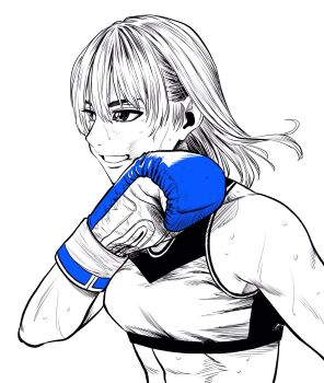 1girl abs blue_gloves boxing_gloves breasts commentary_request gloves hair_behind_ear highres lee_(dragon_garou) linea_alba medium_breasts medium_hair monochrome mouth_guard original smile solo sports_bra spot_color sweat toned toned_female upper_body very_sweaty