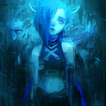 1girl alex_chow arcane_jinx bare_shoulders braid brown_shirt closed_mouth cowboy_shot crop_top fake_horns gradient_background green_background hair_over_one_eye horns jinx_(league_of_legends) league_of_legends long_hair looking_at_viewer navel pants shirt signature stomach twin_braids twintails