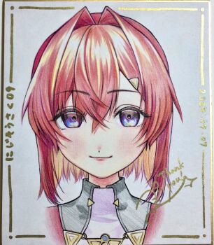 Rule 34 | 1girl, absurdres, ange katrina, ange katrina (1st costume), blush, closed mouth, commentary request, cropped shoulders, crossed bangs, dated, eyelashes, hair between eyes, hair intakes, hair ornament, highres, lips, long bangs, looking at viewer, medium hair, nijisanji, purple eyes, puteranodondon6, red hair, shikishi, smile, solo, straight-on, thank you, traditional media, triangle hair ornament, virtual youtuber