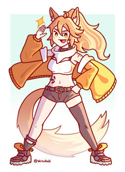 1girl absurdres animal_ears arknights artist_name asymmetrical_legwear black_choker black_shorts black_socks black_thighhighs blonde_hair blyskawica_(flandre5carlet) breasts choker collar commission commissioner_upload denim denim_shorts facial_scar green_eyes hand_up highres horse_ears horse_girl horse_tail infection_monitor_(arknights) jacket jacket_partially_removed long_hair long_sleeves looking_at_viewer material_growth medium_breasts navel non-web_source off_shoulder open_clothes open_jacket open_mouth orange_jacket original oripathy_lesion_(arknights) ponytail salute scar scar_on_cheek scar_on_face scar_on_shoulder scarf second-party_source shoes short_shorts shorts smile sneakers socks solo sparkle spiked_collar spikes tail thighhighs twitter_username white_scarf wide_sleeves wittle_red