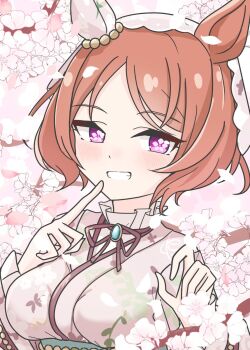 1girl animal_ears arnolddayo blush breasts brown_hair cherry_blossoms commentary_request flower-shaped_pupils grin hair_between_eyes hair_ornament highres horse_ears horse_girl japanese_clothes kimono large_breasts looking_at_viewer medium_breasts official_alternate_costume open_mouth petals pink_hair pink_kimono portrait purple_eyes sakura_laurel_(nouvelle_pousse)_(umamusume) sakura_laurel_(umamusume) short_hair smile solo symbol-shaped_pupils teeth umamusume upper_body veil