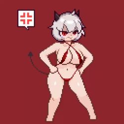 1girl anger_vein animated bikini bouncing_breasts breasts demon_horns demon_tail hands_on_own_hips helltaker horns huge_breasts malina_(helltaker) pixel_art raccoon_(potesara) red_background red_bikini red_eyes solo spoken_anger_vein standing swimsuit tagme tail video white_hair