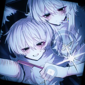 01_1_08 2girls :d :| black_eyes blue_theme blush closed_mouth commentary_request earrings fur_collar grin highres holding_razor_blade jewelry long_hair multiple_girls open_mouth original outstretched_arm razor_blade self-harm smile upper_body white_hair wrist_cutting