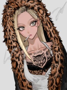 1girl animal_print blonde_hair bra camisole chest_tattoo cigarette claire_(jimoto_saikou) commentary eyelashes facial_mark fur-trimmed_jacket fur_trim green_eyes gyaru highres hood hood_up jacket jimoto_saikou leopard_print leopard_print_bra long_hair looking_at_viewer memota multicolored_hair open_clothes open_jacket print_bra roots_(hair) simple_background smoke smoke_trail smoking solo symbol-only_commentary tattoo underwear upper_body white_background white_camisole