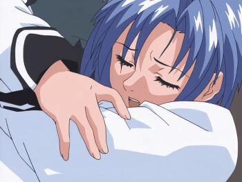 00s 1boy 1girl 2001 animated animated_gif arms_around_neck asada_(bible_black) bible_black bible_black_night_of_the_walpulgiss blue_hair closed_eyes clothed_sex hetero locker locker_room mind_control moaning murai_ayumi rape school_uniform short_hair tagme