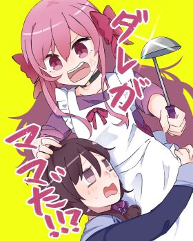 Rule 34 | 2girls, anger vein, angry, apron, bow, brown eyes, commentary request, dead apostle noel (tsukihime), dual persona, frilled apron, frills, hair between eyes, hair bow, hair ornament, hair scrunchie, hand on another's head, highres, holding, holding ladle, hug, kouta (kesigomutopen), ladle, long hair, looking at another, mole, mole under mouth, multiple girls, nervous sweating, noel (tsukihime), nun, pink bow, pink hair, pink ribbon, purple shirt, red eyes, ribbon, scrunchie, shirt, side ponytail, sweat, time paradox, tsukihime, tsukihime (remake), tunic, wing collar