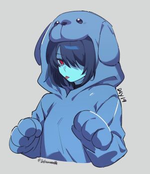 1other :p animal_costume animal_hood blue_hair blue_skin closed_mouth colored_skin commentary deltanoodle deltarune dog_costume dog_hood english_commentary grey_background hair_over_one_eye hands_up hood hood_up kris_(dark_world)_(deltarune) kris_(deltarune) kris_(susiezilla)_(deltarune) looking_at_viewer one_eye_covered onesie other_focus red_eyes simple_background solo tongue tongue_out twitter_username utdr_(toby_fox)