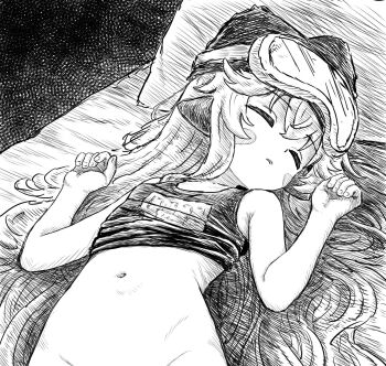 1girl blush bottomless closed_eyes greyscale hat highres long_hair lying monochrome navel nuudayo_nuudayo on_back original sleeping solo upper_body