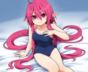 1girl ahoge arm_at_side bare_arms bare_shoulders bed_sheet blue_one-piece_swimsuit breasts bright_pupils closed_mouth collarbone covered_navel eyelashes feet_out_of_frame goushu hair_between_eyes hair_spread_out hand_on_own_chest hand_up knees_together_feet_apart light_blush long_hair medium_breasts one-piece_swimsuit original pink_hair pointy_ears red_eyes school_swimsuit sitting smile solo swimsuit very_long_hair