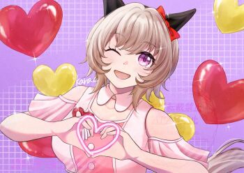 1girl alternate_costume animal_ears blush breasts commentary_request curren_chan_(umamusume) halcioneis heart heart_hands horse_ears horse_girl horse_tail looking_at_viewer medium_breasts medium_hair one_eye_closed open_mouth portrait purple_eyes solo tail umamusume