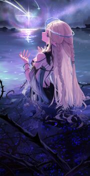 1girl absurdres bare_shoulders blonde_hair blue_eyes braid breasts cartethyia_(wuthering_waves) commentary crown_of_thorns dolgom earrings from_behind hands_up highres jewelry long_hair looking_at_viewer looking_back medium_breasts multiple_earrings partially_submerged pointy_ears sidelocks solo tacet_mark_(wuthering_waves) wuthering_waves