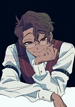 1boy alastor_(hazbin_hotel) alastor_(human)_(hazbin_hotel) black_background brown_eyes brown_hair collared_shirt glasses glowing glowing_eyes hand_on_own_chin hazbin_hotel head_rest hellaverse looking_at_viewer male_focus raised_eyebrows red_vest shirt short_hair smile solo tabunkaku upper_body vest watermark white_shirt