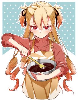 Rule 34 | 1girl, apron, black ribbon, blonde hair, bowl, chocolate, comadori09, commentary request, cropped torso, curly hair, hair between eyes, hair ribbon, highres, holding, holding bowl, holding spatula, long hair, multicolored hair, red eyes, red hair, red sweater, ribbon, seibu rio, shine post, solo, spatula, sweater, two side up, yellow apron