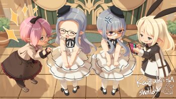 4girls anger_vein black-framed_eyewear black_shoes black_skirt blonde_hair brown_shoes clenched_teeth closed_eyes commentary_request commission dress final_fantasy final_fantasy_xiv glasses green_eyes grey_hair hat highres lalafell leaning_forward long_hair long_sleeves looking_at_viewer multiple_girls open_mouth pantyhose parted_lips pink_hair pointy_ears purple_eyes round_eyewear shelldy shirt shoes short_hair signature skeb_commission skirt smile standing star-shaped_pupils star_(symbol) symbol-shaped_pupils teeth v_arms white_dress white_pantyhose white_shirt