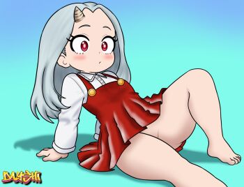 1girl aqua_background arm_support barefoot blue_background blush boku_no_hero_academia closed_mouth collared_shirt dayshi_sunshine dress eri_(boku_no_hero_academia) feet foot_out_of_frame gradient_background grey_hair horns kyojiri_loli leaning_back loli long_hair long_sleeves no_panties red_dress red_eyes shadow shirt simple_background single_horn sitting sleeveless sleeveless_dress solo thick_thighs thighs toes white_shirt