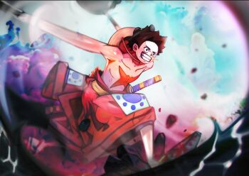 Rule 34 | 1boy, black hair, chonmage, clenched teeth, commentary, english commentary, geta, haki (one piece), hat, incoming attack, japanese clothes, kimono, looking ahead, lv5plant, male focus, monkey d. luffy, one piece, red kimono, scar, scar on chest, scar on face, solo, straw hat, teeth, topknot, topless male