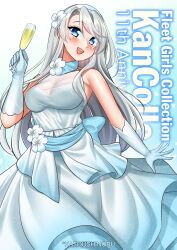 Rule 34 | 1girl, absurdres, alternate breast size, alternate costume, anniversary, blue eyes, breasts, champagne flute, copyright name, cup, dress, drinking glass, flower, gloves, grey hair, hair flower, hair ornament, hairband, highres, kantai collection, katou shinobu, long hair, medium breasts, open mouth, sagiri (kancolle), smile, solo, teeth, upper teeth only, white dress, white gloves, white hairband
