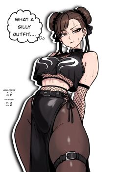 absurdres arms_behind_back bare_shoulders belt belt_collar black_lips black_ribbon black_shirt brown_eyes brown_hair capcom chun-li collar commentary crop_top crop_top_overhang double_bun ear_piercing earrings elbow_gloves english_commentary english_text facing_viewer fishnet_gloves fishnet_top fishnets gloves goth_fashion hair_bun hair_ribbon highres jewelry looking_at_viewer makeup mascara midriff navel outline pantyhose pelvic_curtain piercing redpostit ribbon shirt short_hair speech_bubble sphere_earrings street_fighter sweat thick_thighs thigh_belt thigh_strap thighs thought_bubble twitter_strip_game white_background white_outline