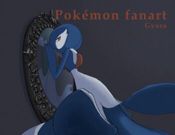 against_mirror alternate_color artist_name black_background blue_hair bob_cut commentary different_reflection dress gardevoir gen_3_pokemon gyura highres looking_at_viewer mirror nintendo orange_eyes pokemon pokemon_(creature) reflection shiny_pokemon simple_background symbol-only_commentary white_dress