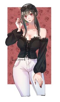 1girl bare_shoulders black_hair blush breasts cleavage earrings gold_earrings hair_ornament hairband highres jewelry large_breasts long_hair looking_at_viewer red_eyes sidelocks solo spy_x_family umini_ikukara white_hairband yor_briar