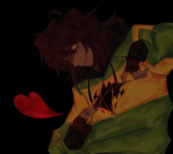 black_background black_hoodie black_nails clenched_teeth deltarune fingerless_gloves gloves hbrtus heart hole_in_chest hole_on_body hood hoodie kris_(deltarune) looking_at_viewer messy_hair nail_polish one_eye_covered parted_lips red_eyes soul_(deltarune) sweater teeth torn_clothes torn_sweater upper_body utdr_(toby_fox)