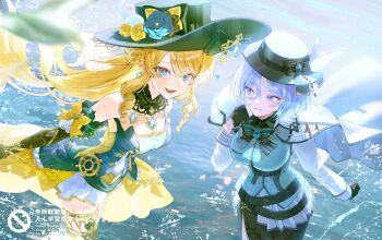 Rule 34 | 2girls, absurdres, bird, black dress, black gloves, black hair, blonde hair, blue eyes, blue flower, blue hair, blue shirt, blurry, blurry foreground, bow, breasts, character request, cleavage, commentary, depth of field, dress, earrings, elbow gloves, english text, flower, genshin impact, gloves, hair between eyes, hat, hat bow, hat flower, highres, jacket, jewelry, long hair, long hair between eyes, looking at another, looking at viewer, medium breasts, multiple girls, multiple hat bows, navia (genshin impact), near 181, necklace, ocean, open mouth, pleated skirt, porkpie hat, seagull, ship's wheel ornament, shirt, short hair, skirt, swept bangs, teeth, thighhighs, upper teeth only, very long hair, watermark, white jacket, white skirt, zettai ryouiki