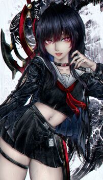 1girl absurdres aeus arm_cutout black_choker black_hair black_jacket black_shirt black_skirt chisa_(wuthering_waves) choker clothing_cutout collarbone commentary english_commentary fingernails hand_up highres jacket long_hair long_sleeves looking_at_viewer midriff mole mole_under_eye navel neckerchief parted_lips qr_code red_eyes red_neckerchief sailor_collar shirt skirt solo sword tacet_mark_(wuthering_waves) thigh_strap thighs very_long_hair weapon white_sailor_collar wuthering_waves