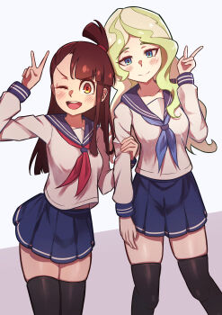 2girls :d absurdres blue_eyes blue_skirt blush brown_hair closed_mouth commentary_request diana_cavendish green_hair hand_on_another&#039;s_arm highres kagari_atsuko little_witch_academia long_hair looking_at_viewer madabau multiple_girls one_eye_closed open_mouth pleated_skirt red_eyes school_uniform serafuku skirt smile teeth thighhighs upper_teeth_only v