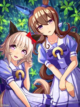 Rule 34 | 2girls, admire vega (umamusume), animal ears, black hairband, blush, bow, breasts, brown hair, collarbone, commentary request, curren chan (umamusume), ear bow, ear covers, grey hair, hair between eyes, hairband, highres, horse ears, horse girl, horse tail, long hair, looking at viewer, medium breasts, multiple girls, open mouth, parted lips, pleated skirt, ponytail, puffy short sleeves, puffy sleeves, purple bow, purple eyes, purple shirt, red bow, sailor collar, sailor shirt, school uniform, shirt, short hair, short sleeves, single ear cover, skirt, smile, tail, torinosukei, tracen school uniform, umamusume, white sailor collar, white skirt