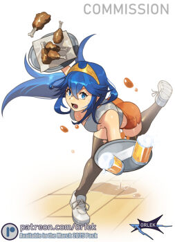1girl alcohol alternate_costume alternate_legwear ass bare_shoulders beer beer_mug black_thighhighs blue_eyes blue_hair brand_of_the_exalt breasts chicken_wing commission cup dolphin_shorts employee_uniform fire_emblem fire_emblem_awakening hair_between_eyes holding holding_tray hooters long_hair looking_at_viewer lucina_(fire_emblem) medium_breasts mug nintendo open_mouth orange_shorts orlek shoes short_shorts shorts solo spilling symbol_in_eye tank_top thighhighs tiara tray tripping waitress white_tank_top