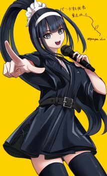 1girl :d absurdres alternate_costume amanami_(v) belt black_belt black_dress black_hair black_thighhighs commentary_request cowboy_shot dress grey_eyes hairband hands_up highres holding holding_microphone lapels long_hair magadori_kyoshika microphone music notched_lapels open_mouth pointing pointing_at_viewer ponytail ponytail_holder simple_background singing smile solo the_hundred_line_-last_defense_academy- thighhighs translation_request twitter_username white_hairband yellow_background