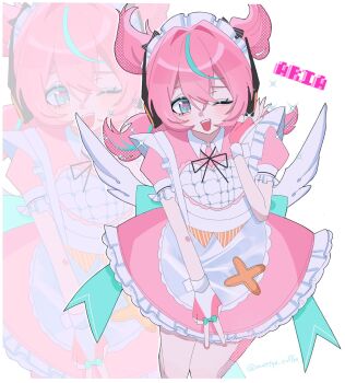 1girl blue_eyes blush green_hair highres looking_at_viewer mattya_coffee multicolored_hair one_eye_closed open_mouth pink_hair pink_skirt short_hair skirt solo twitter_username v yutane_johiel zenless_zone_zero