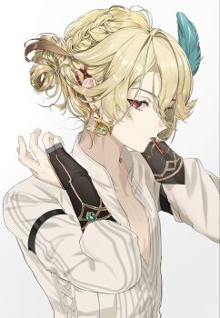 1boy alternate_hairstyle blonde_hair braid earrings eyelashes feather_hair_ornament feathers genshin_impact gold_earrings hair_ornament hairclip highres jewelry kaveh_(genshin_impact) looking_at_viewer male_focus mouth_hold red_eyes sahi00000 simple_background slit_pupils solo upper_body white_background x_hair_ornament