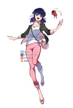 1girl antennae black_jacket blue_eyes blue_hair bug highres insect jacket ladybug marinette_dupain-cheng medium_hair miraculous_ladybug open_clothes open_jacket open_mouth pants pink_pants shirt short_twintails simple_background tikki_(miraculous_ladybug) twintails white_background white_shirt youzaiyouzai112