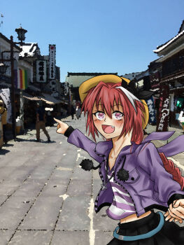 1boy androgynous aqua_belt astolfo_(fate) astolfo_(memories_at_trifas)_(fate) belt black_bow black_skirt blush bow braid cowboy_shot crop_top cropped_jacket cropped_shirt fang fate/apocrypha fate_(series) hair_bow hair_intakes hood hooded_jacket jacket kn556 long_hair male_focus midriff multicolored_hair official_alternate_costume open_mouth pink_hair pom_pom_(clothes) purple_eyes purple_jacket shirt single_braid skin_fang skirt smile solo streaked_hair striped_clothes striped_shirt v-neck white_hair