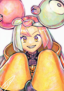1girl blue_hair bow-shaped_hair character_hair_ornament hair_ornament iono_(pokemon) jacket kaosu_(kaosu0905) long_hair long_sleeves looking_at_viewer multicolored_hair nintendo pink_hair pokemon pokemon_sv sharp_teeth signature sleeves_past_fingers sleeves_past_wrists smile solo teeth two-tone_hair upper_body yellow_jacket