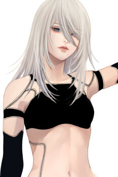 Rule 34 | 1girl, a2 (nier:automata), aegyo sal, android, artist name, black thighhighs, blue eyes, collarbone, commentary request, crossed arms, crossed legs, hair between eyes, highres, long hair, looking at viewer, mitsuki nite, mole, mole under mouth, nier:automata, nier (series), parted lips, pink lips, simple background, sitting, solo, thighhighs, twitter username, watermark, white background, white hair