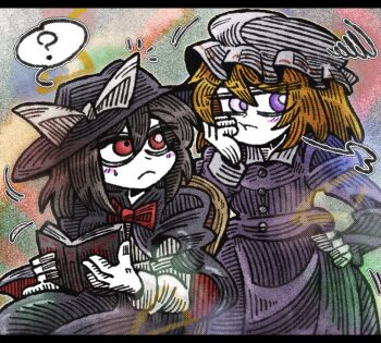 2girls :t ? black_capelet black_hat black_skirt blonde_hair blush book bow bowtie brown_hair buttons capelet dr.latency&#039;s_freak_report dress frown hair_between_eyes hand_on_own_cheek hand_on_own_face hand_on_own_hip hat hat_bow holding holding_book long_sleeves looking_at_another maribel_hearn mob_cap multiple_girls purple_dress purple_eyes red_eyes shirt short_hair skirt sleeve_cuffs squiggle suenari_(peace) sweat touhou usami_renko white_bow white_hat white_shirt