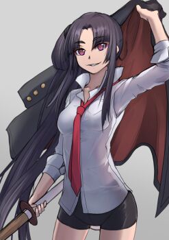 1girl arched_back bike_shorts black_hair black_jacket breasts commentary_request cone_hair_bun contrapposto cowboy_shot curtained_hair dress_shirt fate/grand_order fate_(series) gakuran gradient_eyes green_pupils grey_background grin hair_bun holding holding_jacket holding_unworn_clothes holding_weapon jacket long_hair long_sidelocks long_sleeves looking_at_viewer loose_necktie multi-source_commentary multicolored_eyes necktie pseudo-tokyo_school_uniform purple_eyes purutoppu_(toranohige) red_eyes red_necktie school_uniform see-through_silhouette shinai shirt short_shorts shorts side_up_bun sidelocks simple_background single_hair_bun sleeves_rolled_up small_breasts smile solo sword taira_no_kagekiyo_(fate) thick_eyebrows two-sided_fabric two-sided_jacket untucked_shirt unworn_jacket ushiwakamaru_(fate) weapon white_shirt