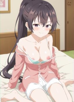 &gt;:) 1girl absurdres arms_at_sides bare_shoulders barefoot bed black_eyes black_hair blue_bra blush bra bra_pull breasts cleavage clothes_pull collarbone crossed_bangs doyagao high_ponytail highres indoors long_hair looking_at_viewer medium_breasts nipples off_shoulder on_bed pajamas pink_pajamas ponytail rikka_(rikkaarts) shorts signature smirk smug solo strap_slip suou_yuki tokidoki_bosotto_roshia-go_de_dereru_tonari_no_alya-san underwear v-shaped_eyebrows white_shorts