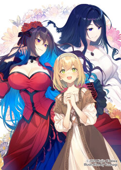3girls blonde_hair blue_hair blush breasts brown_dress brown_hair character_request cleavage closed_mouth collarbone colored_inner_hair commentary_request constance_grail copyright_notice cover cover_page dress eris_no_seihai flower flower_request green_eyes hair_flower hair_ornament hairband highres jewelry large_breasts long_hair multicolored_hair multiple_girls necklace novel_cover official_art open_mouth own_hands_together pendant pink_flower purple_eyes red_dress red_flower red_rose ring rose scarlet_castiel second-party_source smile very_long_hair white_dress white_hairband yuunagi_(seventh_heaven)
