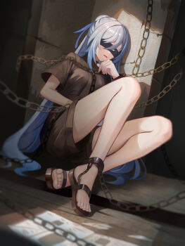 1girl absurdres blindfold bound bound_ankles bound_wrists breasts brown_pants brown_shirt chain covered_eyes cuffs fangai-anmian feet hair_between_eyes high_ponytail highres honkai:_star_rail honkai_(series) jingliu_(honkai:_star_rail) knees_up long_hair medium_breasts pants parted_lips ponytail prison restrained shackled shackles shirt short_sleeves sitting soles solo toes white_hair