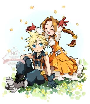 1boy 1girl aerith_gainsborough aerith_gainsborough_(garnet's_gown) baggy_pants bandaged_wrist bandages bare_shoulders black_choker black_gloves black_pants black_vest black_wrist_cuffs blonde_hair blue_eyes boots braid braided_ponytail breasts brown_hair chest_harness choker closed_eyes cloud_strife cloud_strife_(zidane's_outfit) cosplay cropped_vest crystal dress falling_petals field final_fantasy final_fantasy_vii final_fantasy_vii:_ever_crisis flower flower_field full_body garnet_til_alexandros_xvii garnet_til_alexandros_xvii_(cosplay) gloves grey_boots hair_flower hair_ornament harness highres jewelry jo_ro_ri light_blush lily_(flower) long_dress long_hair long_sleeves meadow medium_breasts official_alternate_costume open_mouth orange_dress pants parted_bangs pendant petals petticoat puffy_long_sleeves puffy_sleeves ribbed_sweater shirt short_hair sidelocks single_braid sitting sleeveless sleeveless_turtleneck smile spiked_hair suspenders sweater teeth turtleneck twitter_username upper_teeth_only vest white_shirt white_sweater wrist_cuffs yellow_flower yellow_pupils zidane_tribal zidane_tribal_(cosplay)